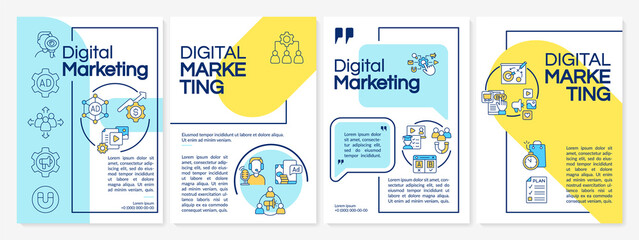 Digital marketing blue and yellow template. Online ads. Booklet print design with linear icons. Vector layouts for presentation, annual reports, ads. Questrial-Regular, Lato-Regular fonts used