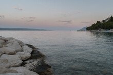 Landscape Of Adriatic Sea And Croatian Coast Near Tourist Resort Baska Voda At Down In Summer