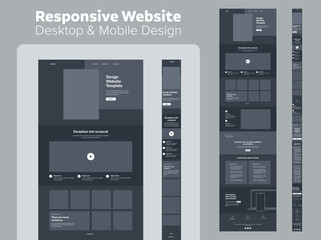 Website design dark mode. Responsive desktop and mobile wireframe. Landing page template.