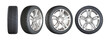 Different angles viewed of wheel on a white background. No logo visible, only tire labeling visible.