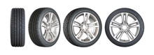 Different angles viewed of wheel on a white background. No logo visible, only tire labeling visible.