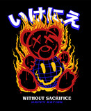 Fototapeta Młodzieżowe - Teddy bear illustration with flames, globe and melting emoji illustration with slogan print design japanese words translation is sacrifice 