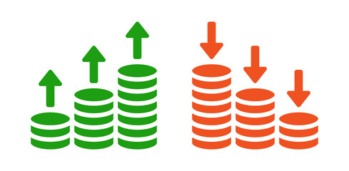 Sticker - Money coin stack with arrow up and down icon. Profit and loss symbol. Economy concept