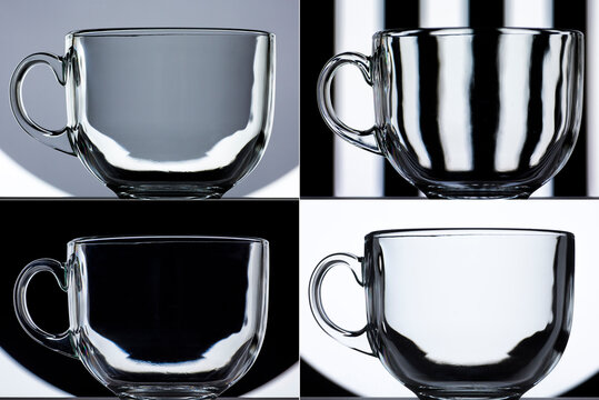 transparent glass mug on black and white background