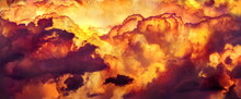Colorful Dramatic Sky With Clouds, Smoking Cumulonimbus Clouds Reflect The Golden Light Of The Dawn Sun. 