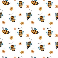 Lovely bees. Watercolor background. Seamless pattern on a white background.