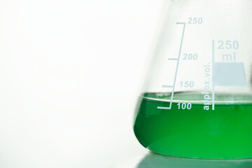 Wall Mural - green solution in science glass flask at chemistry laboratory white background.
