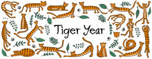 Collection Of Tigers And Tropical Leaves. Symbol Of 2022 Year