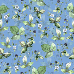 Seamless pattern with watercolor flowers and berry of blackberry on blue background.