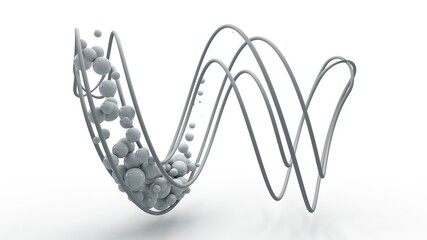 Poster - 3d rendering of a spiral shape, grid, abstract geometric figure isolated on a white background. The grid is filled with spheres, lots of balls of different sizes. Futuristic design.