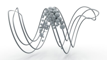 Poster - 3d rendering of a spiral shape, grid, abstract geometric figure isolated on a white background. The grid is filled with spheres, lots of balls of different sizes. Futuristic design.