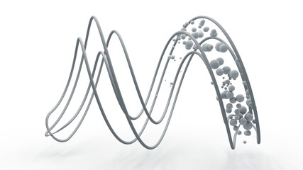 Poster - 3d rendering of a spiral shape, grid, abstract geometric figure isolated on a white background. The grid is filled with spheres, lots of balls of different sizes. Futuristic design.