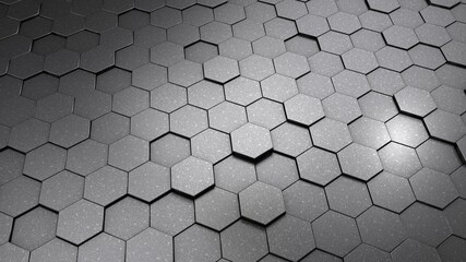 Poster - 3d rendering of an abstract geometric background. the surface is made of many metallic, silver hexag