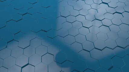 Poster - 3d rendering of an abstract geometric background. an uneven surface of many blue hexagons of differe