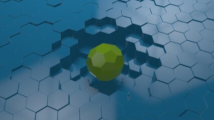 Poster - 3d rendering of an abstract geometric background. an uneven surface of many blue hexagons of differe