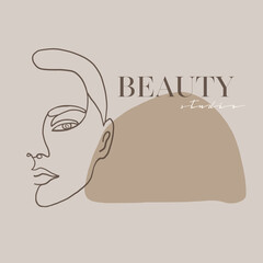 Wall Mural - One line face. Minimalist continuous linear sketch woman face. Female portrait black white artwork outline vector hand drawn illustration. Modern art girl head for beauty salon logo