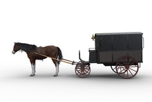 Side View Of A Victorian Police Wagon Pullled By A Bay Horse. 3D Rendering Isolated On A White Background.
