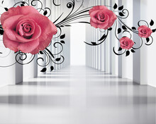 3d Wallpaper Red Flowers With Black Branches On Silver Tunnel Background