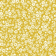 Vintage Floral Background. Seamless Vector Pattern For Design And Fashion Prints. Floral Pattern With Small White Flowers And Leaves On A Yellow Background.