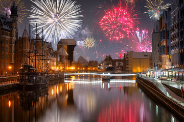 Wall Mural - Fireworks display over the old town in Gdansk, Poland