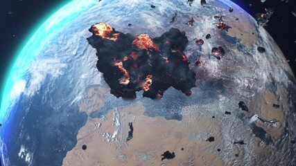 Wall Mural - asteroid meteor rock heading planet earth with burning rock debris cinematic outer space view, globa