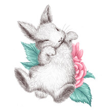 Hand Drawn Watercolor Illustration With Cute Adorable Bunny Little Character Sleeping On Pink Flowers Blossom Isolated. For Valentines Day Cards, Prints, Banners, Posters, Invitations.