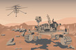 Mars rover curiosity and helicopter ingenuity on the Mars surface with rocks and sand and mountains on the background. Mars exploration concept. Vector illustration.