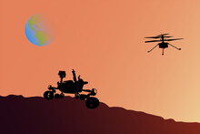 Mars Rover And Helicopter On The Mars Surface Opposite The Sun With Earth Planet On The Packground. Mars Exploration Concept. Vector Illustration.
