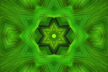 Digital Art, 3D Illustration. Bright Green Abstract Kaleidoscope Pattern
