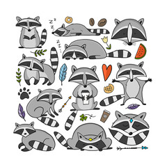 Wall Mural - Racoons Family. Funny Characters. Art frame for your design