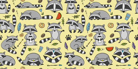 Poster - Racoons Family. Funny Characters. Seamless pattern for your design