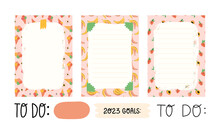 Weekly Or Daily Planner, To Do List, 2023 Goals Note Paper Templates With Cute Ice-cream Cones, Bananas And Peaches.