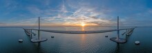 Drone Panorama Of Sunshine Skyway Bridge Over Tampa Bay At Sunset