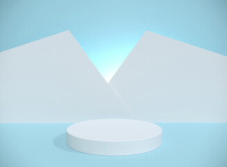 3d rendering white cylinder podium, two box decor, on light and blue background