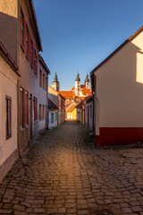 Wall Mural - Picturesque streets and decorative houses in Telc. The picturesque castle and the historic center with the decorative facades of the houses belong to the UNESCO World Heritage Site, Czech Republic.