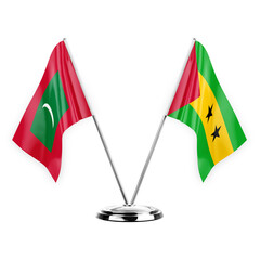 Two table flags isolated on white background 3d illustration, maldives and sao tome and principe