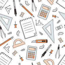 Seamless Pattern With School And Office Stationery. Hand Drawn Sketch Of Pen, Pencil, Notebook And Ruler. Vector Background With Doodle Education Supplies, Calculator, Pins, Clips, Knife