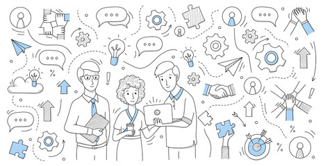 Teamwork background with people work together. Vector doodle illustration of team job, woman, men with laptop and symbols of gear, light bulb, handshake, puzzle and arrows