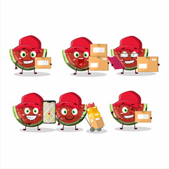 Wall Mural - Cartoon character design of watermelon gummy candy working as a courier