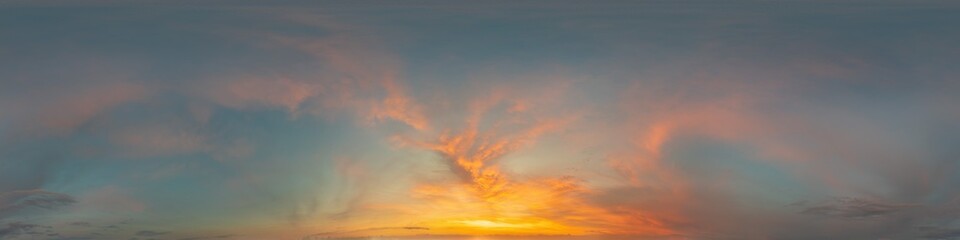 Dark blue sunset sky panorama with Cirrus clouds. Seamless hdr pano in spherical equirectangular format. Complete zenith for 3D visualization, game and sky replacement for aerial drone 360 panoramas.