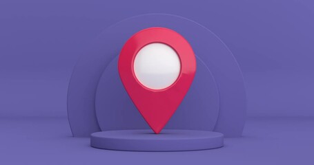 Fototapete - 4k Resolution Video: Map Pointer Pin Rotating over Violet Very Peri Cylinders Products Stage Pedestal on a Violet Very Peri background loop animation