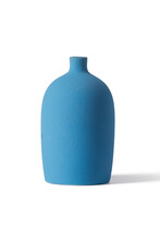 Detailed Shot Of A Blue Vase. The Vase Is Tall And Large With A Narrow Neck. The Surface Of The Vase Is Textured. The Blue Decor Item Is Isolated On The White Background.
