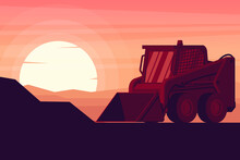 Skid Steer Loader In A Sunset With Heavy Construction And Mining Machinery