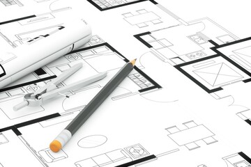 Construction housing project, real estate concept. Residential building blueprint plans, Architect engineer office desk, 3d rendering.