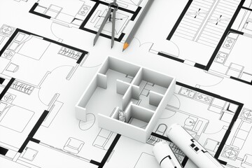 Building project architecture blueprint plans and house model. Real estate, housing project construction, engineering design background. Residential building drawings, 3d rendering.