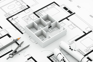 Building project architecture blueprint plans and house model. Real estate, housing project construction, engineering design background. Residential building drawings, 3d rendering.