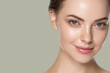 Leinwandbild Motiv Beauty woman healthy skin natural make up clean fresh skin cosmetic concept color background green