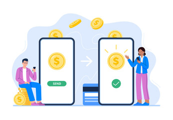 A man and woman send and receive money via a smartphone app. Application for online transactions. Concept of money transfer, e-commerce, and banking. Vector flat illustration for banners, webpage.
