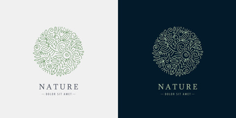 Wall Mural - Vector linear plant logo. Circle luxury organic emblem. Abstract badge for natural products, flower shop, cosmetics, ecology concepts, health, spa, yoga center. Leaves and florals icon.