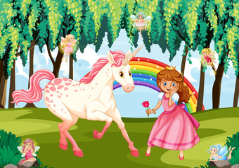 Wall Mural - Princess and unicorn in enchanted forest background